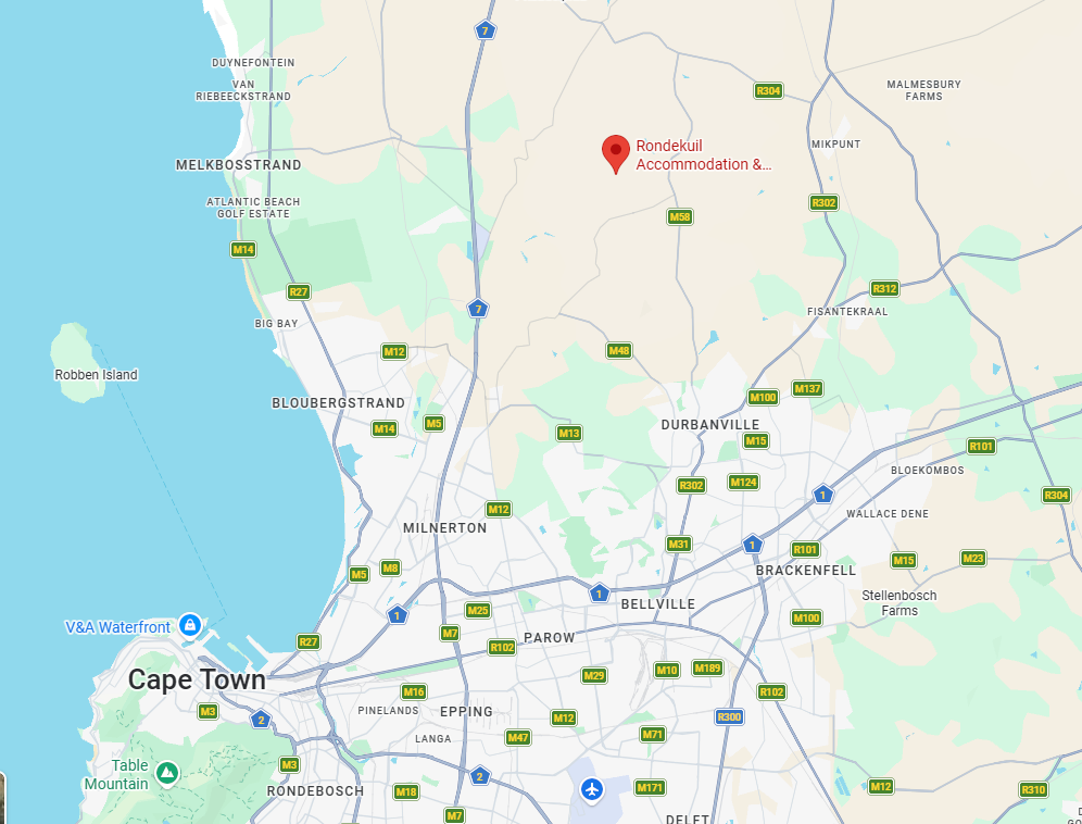 A map of the western cape with a pin showing Rondekuils location